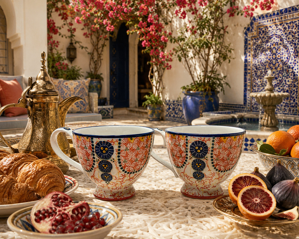 Lot 2 x Anthropologie Kebaya Footed Pedestal Coffee Tea Mugs Cups Coral Blue